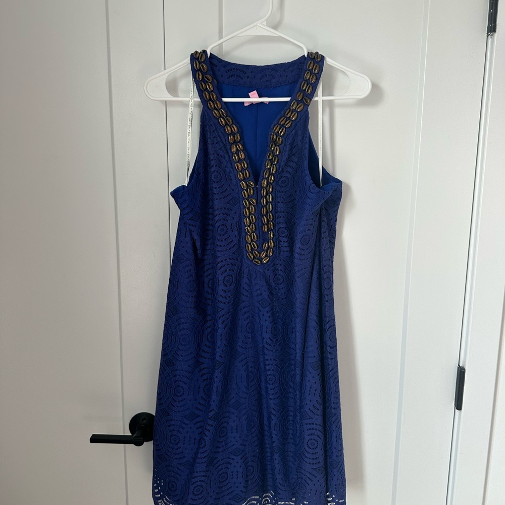 Lilly Pulitzer blue and gold shell detail flowy dress